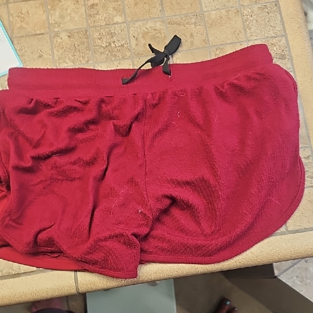 ZYIA Women's Athletic Terry Shorts in Deep Red with Black Drawstring